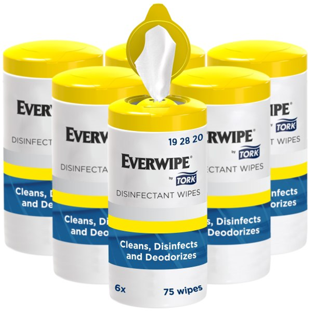 Six white canisters with yellow lids containing disinfectant wipes, one canister with a wipe pulled out. Everwipe® Disinfectant Wipe Canisters (7.01 in. x 3.39 in., 75 Wipes/Cannister, 450 Wipes/Case)